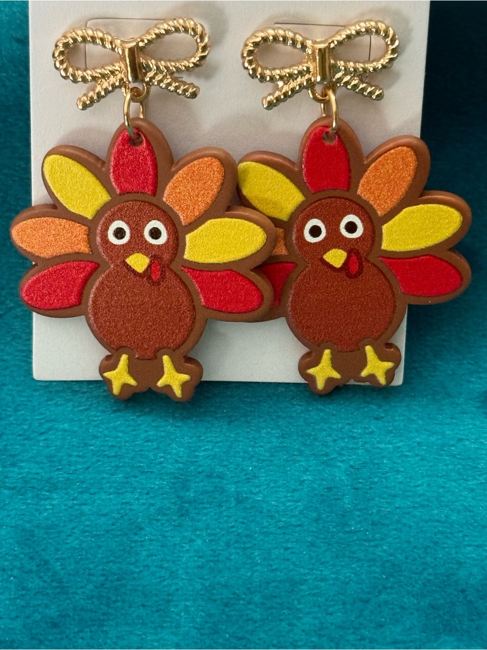 Holiday Thanksgiving Turkey Earrings Brown, Red, Yellow, Orange and Gold Bows